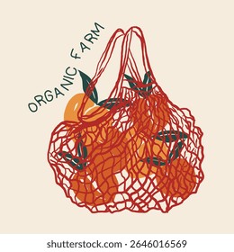 Vintage Organic fruit market. Fashion fruit print design. Organic food artwork for for t-shirt. Net shopping bag for fruit artwork. Vector print design