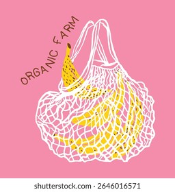 Vintage Organic fruit market. Fashion fruit print design. Organic food artwork for for t-shirt. Net shopping bag for fruit artwork. Vector print design