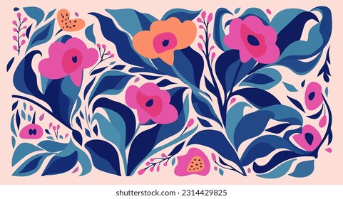 Vintage organic hand drawn nature flowers doodle graphic. Abstract seamless floral background with flowers and leaves. Vintage vector illustration