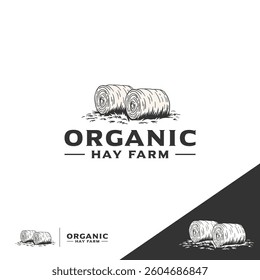 A vintage, organic hay and cattle farm logo with an engraved design style