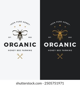Vintage organic honey bee logo.Design for business, badge, honey shop, beekeeping.