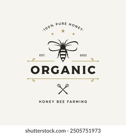 Vintage organic honey bee logo.Design for business, badge, honey shop, beekeeping.