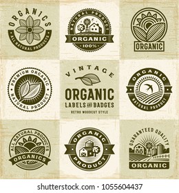 Vintage Organic Labels And Badges Set. Editable EPS10 vector illustration in retro woodcut style with clipping mask and transparency.