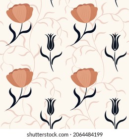 Vintage estampado oriental floral sin costuras, con tulipanes rosados y azules y plantas trepadoras sobre fondo rosa claro. Ideal para la tela, el embalaje, la reserva de recortes.