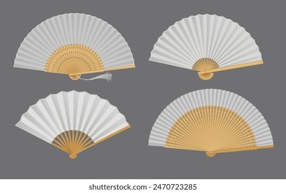 Antiguas oriental abanicos plegables de bambú y papel juego de Ilustración vectorial realista. Accesorios de soplado de aire asiático objetos 3d en gris