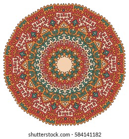 Vintage Oriental Pattern. Ethnic Decorative Mandala. Mexican or Native American Motif. Bright Round Ornament in Aztec Style.