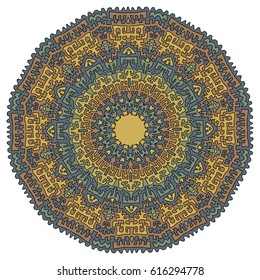 Vintage Oriental Pattern. Ethnic Decorative Mandala. Mexican or Native American Motif. Bright Round Ornament in Aztec Style.