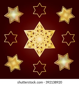 Vintage oriental pattern with gold stars ornaments carpet decoration golden David star Gold star of David yellow star icon Jewish Holiday Rosh Hashana Sukkot Hanukkah hanuka Passover vector Judaica