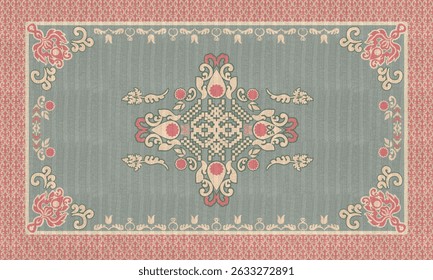 Vintage Oriental Rug Pattern in Red and Green with Floral Ornament. 
Elegant oriental vintage rug design featuring a central symmetrical floral motif in soft green, red, and cream tones. 