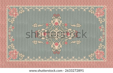 Vintage Oriental Rug Pattern in Red and Green with Floral Ornament. 
Elegant oriental vintage rug design featuring a central symmetrical floral motif in soft green, red, and cream tones. 