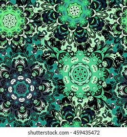 Vintage oriental seamless pattern in green colors. Indian, arabic, ottoman, turkish, japanese, chinese floral motif for background or front-side. Eastern retro ornament for wrapping or textile.