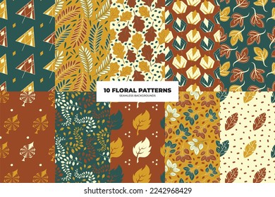 Vintage and oriental style seamless patterns. Leaves and flowers in yellow, green and red tones. Repeating floral design for paper, cover and fabric backgrounds. Arabic style. Vector illustration. 