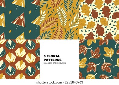 Vintage and oriental style seamless patterns. Leaves and flowers in yellow, green and red tones. Repeating floral design for paper, cover and fabric backgrounds. Arabic style. Vector illustration. 