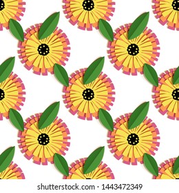 Vintage origami pattern with colorful calendula cut paper pattern on white background for textile design. Like a 3d vector. Modern interior.