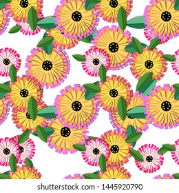 Vintage origami pattern with colorful calendula cut paper pattern on white background for textile design. Like a 3d vector. Modern interior.