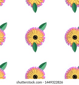 Vintage origami pattern with colorful calendula cut paper pattern on white background for textile design. Like a 3d vector. Modern interior.