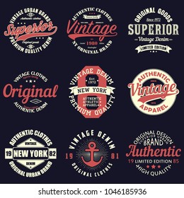 Vintage original typography set. Retro print for t-shirt design. Graphics for authentic apparel. Collection of tee shirt badge. Vector illustration.