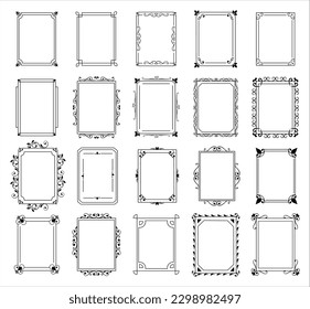 Vintage ornament borders. Decorate outline frames. Elegant floral ornate. Flourish corners for certificate or antique retro card. Rectangle shape. Vector recent filigree elements set