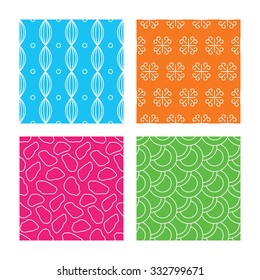 Vintage ornament, circles and stones seamless textures. Linear geometric ornament patterns. Modern textures. Textures on colored squares. Vector