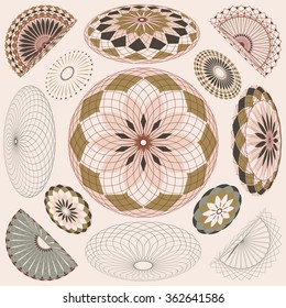 a vintage ornament composition, rosettes and flowers with a spherical perspective in an ivory retro style palette