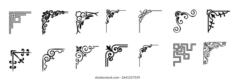 Vintage ornament corner frame collection. Set of swirl corner for decoration. Retro ornament frame