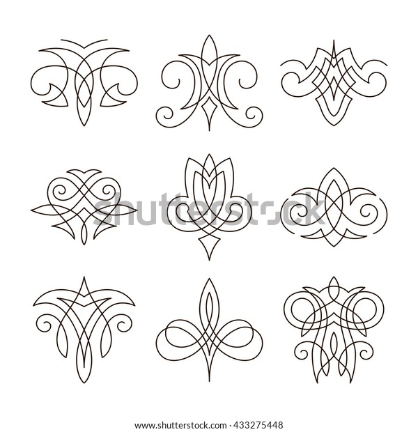 Vintage ornament design element for\
decoration. Different forms. Line art style. Isolated on white\
background. Vector\
illustration.