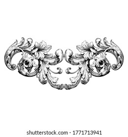 Vintage Ornament Element in baroque style with filigree and floral engrave the best situated for create frame, border, banner. It's hand drawn foliage swirl like victorian or damask design arabesque.