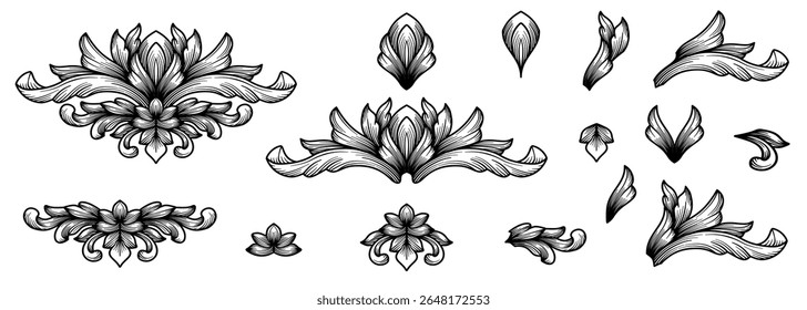 Vintage ornament floral border frames decoration elements collection. Classical baroque, victorian arabesque damask, scroll, swirl. Set decorative design flourish filigree engraving ornamental