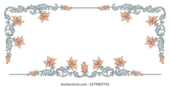 Vintage ornament frame in baroque victorian style with drawn fine lines detailed foliage and flowers.