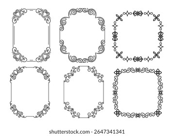 Vintage ornament frame. Decorative border frames, retro style divider. Elegant vintage frame and wedding ornaments Isolated icons vector set. Calligraphic filigree black ink borders collection