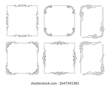 Vintage ornament frame. Decorative border frames, retro style divider. Elegant vintage frame and wedding ornaments Isolated icons vector set. Calligraphic filigree black ink borders collection