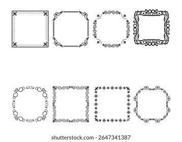 Quadro de ornamento vintage. Quadros decorativos de borda, divisor de estilo retro. Elegante vintage quadro e enfeites de casamento Icons isolados vetor conjunto. Coleção de bordas de tinta preta caligráfica