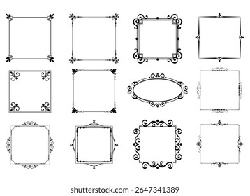 Vintage ornament frame. Decorative border frames, retro style divider. Elegant vintage frame and wedding ornaments Isolated icons vector set. Calligraphic filigree black ink borders collection
