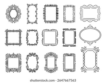 Vintage ornament frame. Decorative border frames, retro style divider. Elegant vintage frame and wedding ornaments Isolated icons vector set. Calligraphic filigree black ink borders collection
