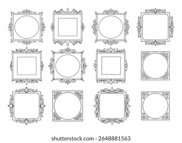 Cadre pour ornement Vintage. Cadres de bordure décoratifs, cloison de style rétro. Cadre vintage élégant et ornements de mariage Isolated icônes ensemble d'Images vectorielles. Collection de bordures d'encre noire en filigrane calligraphique
