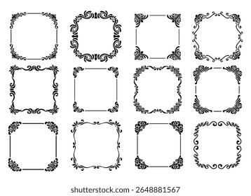 Cadre pour ornement Vintage. Cadres de bordure décoratifs, cloison de style rétro. Cadre vintage élégant et ornements de mariage Isolated icônes ensemble d'Images vectorielles. Collection de bordures d'encre noire en filigrane calligraphique