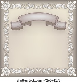 Vintage ornament frame and decorative ribbon in retro style. Design title page diploma or booklet with antique engraving.