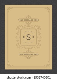 Vintage ornament greeting card calligraphic ornate swirls and vignettes frame design vector template. Good for wedding invitation or other design and place for text flourishes decorative lines.