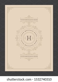 Vintage ornament greeting card calligraphic ornate swirls and vignettes frame design vector template. Good for wedding invitation or other design and place for text flourishes decorative lines.