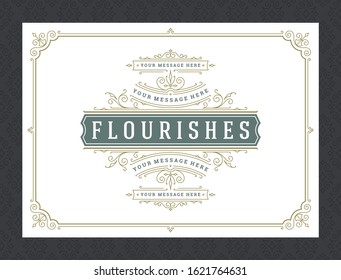 Vintage ornament greeting card calligraphic ornate swirls and vignettes frame design vector template. Good for wedding invitation or other design and place for text flourishes decorative lines.