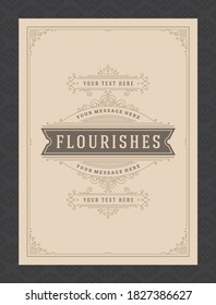 Vintage ornament greeting card calligraphic ornate swirls and vignettes frame design vector template. Good for wedding invitation or other design and place for text flourishes decorative lines.