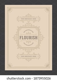 Vintage ornament greeting card calligraphic ornate swirls and vignettes frame design vector template. Good for wedding invitation or other design and place for text flourishes decorative lines.