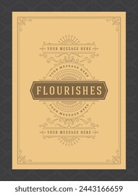 Vintage ornament greeting card calligraphic ornate swirls and vignettes frame design vector template. Good for wedding invitation or other design and place for text flourishes decorative lines.