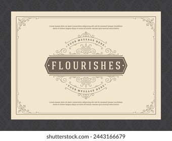 Vintage ornament greeting card calligraphic ornate swirls and vignettes frame design vector template. Good for wedding invitation or other design and place for text flourishes decorative lines.