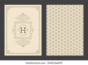 Vintage ornament greeting card calligraphic ornate swirls and vignettes frame design vector template. Good for wedding invitation or other design and place for text flourishes decorative lines.
