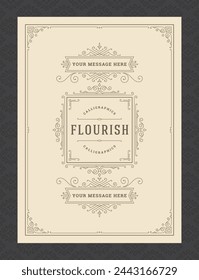 Vintage ornament greeting card calligraphic ornate swirls and vignettes frame design vector template. Good for wedding invitation or other design and place for text flourishes decorative lines.