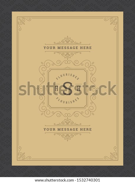 Vintage ornament greeting card calligraphic ornate\
swirls and vignettes frame design vector template. Good for wedding\
invitation or other design and place for text flourishes decorative\
lines.