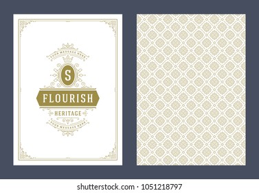 Vintage ornament greeting card vector template. Retro wedding invitation, advertising or other design and place for text. Flourishes ornamental frame and pattern background.