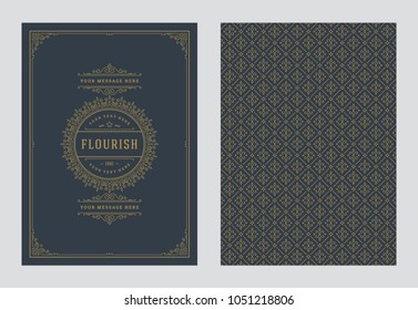 Vintage ornament greeting card vector template. Retro wedding invitation, advertising or other design and place for text. Flourishes ornamental frame and pattern background.