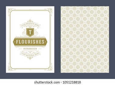 Vintage ornament greeting card vector template. Retro wedding invitation, advertising or other design and place for text. Flourishes ornamental frame and pattern background.